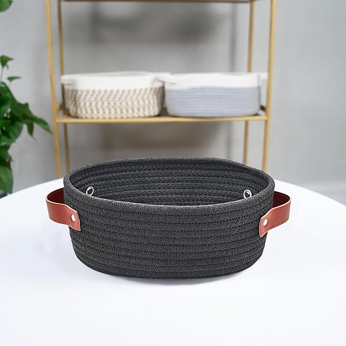 ABenkle Small Woven Basket, Mini Cotton Rope Storage Basket, Tiny Easter Basket, Shelf Basket, Oval Decorative Toy Dog Cat Basket for Nursery, Empty Gift Basket, 9.4" x 5.9" x 3.9" XS