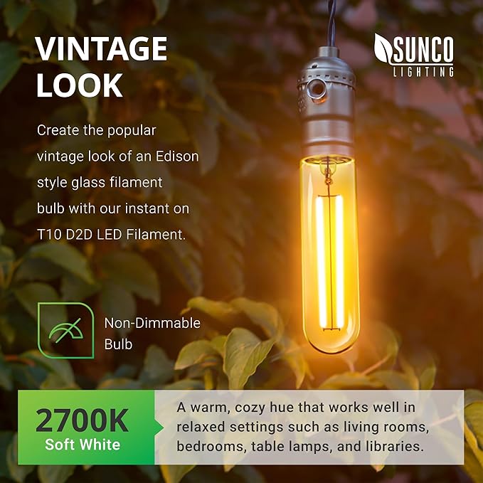 Sunco Lighting 6 Pack 5W=40W Dusk to Dawn Outdoor T10 Light Tubular LED Bulbs, CRI90 2700K Soft White E26 Base, 450 Lumens, Vintage Filament, Waterproof, Outdoor Decorative UL.