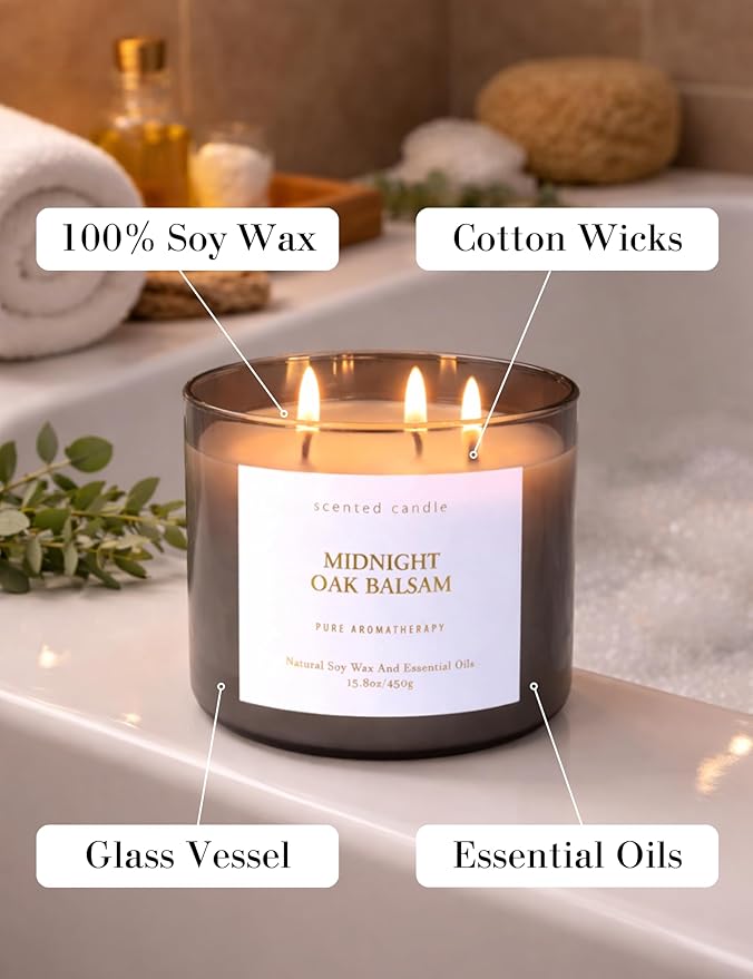 Midnight Oak Balsam 3-Wick Scented Candle | 15.8 oz Large Balsam Cedar Woodsy Soy Wax Candle for Home | Forest Calming Scented Candle | Clean Burning, Long Lasting | Candle Gift for Men & Women