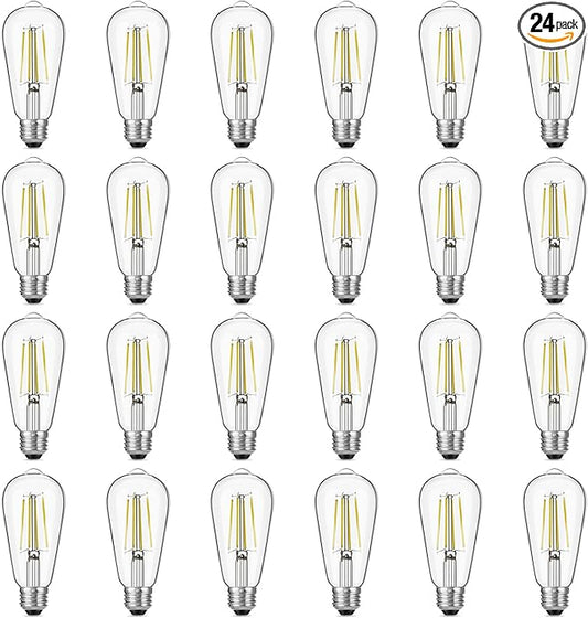 Gozelux Dimmable Vintage LED Edison Bulb 60W Equivalent, 6W 750Lumens Edison Light Bulbs 5000K Daylight White, ST58 Antique LED Filament Bulb CRI 90+, E26 Medium Base, Clear Glass, Pack of 24