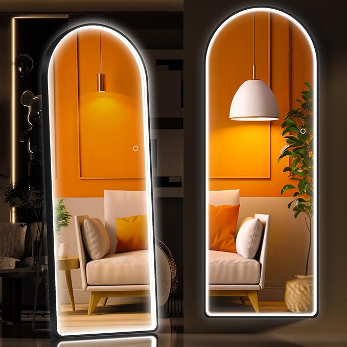 Hasipu 56" x 16" Led Mirror Full Length, Arch Mirror Full Length with Lights, Floor Full Body Glass with Stand,Tempered Glass,Shatter-Proof, Dimming & 3 Color for Bedroom Cloakroom-UL
