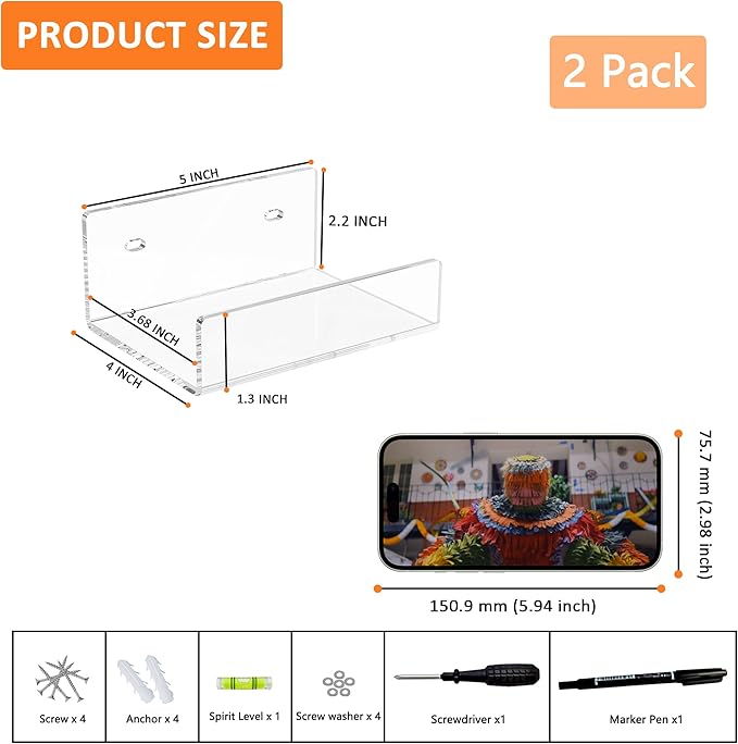 5'' Clear Acrylic Wall Shelf 2 Pack, 5 Inch Small Wall Shelves Display for Small Space
