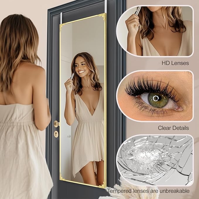 50"x16" Door Mirror, Rectangle Full Length Mirror, Over the Door Mirrors Full Length, Hanging Mirrors for Bedroom, Bathroom, Gold