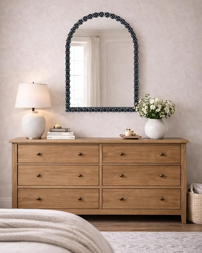 Black Beaded Arched Wall Mirror 22x30 Inch, Vintage Decorative Arch Mirror with Beaded Frame, Accent Mirror for Entryway, Bathroom, Living Room, Bedroom, Fireplace