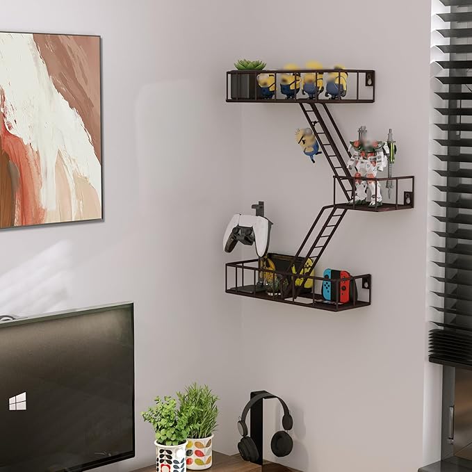 Fire Escape Shelf - 3 Tier Metal Coffe Fire Escape Wall Shelves with Baskets, New York Action Figurine Display Shelf, Unique Rustic Floating Decorative Wall Shelves for Any Room