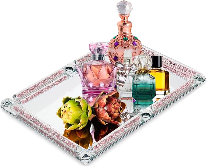 Large Glass Tray, Crystal Mirror Modern Jewelry Trinket Trays with Crushed Diamond, 15.7" x 11.8" Rectangular Makeup Perfume Tray for Bathroom Bedroom, Home Decor, Hotel Banquet, Party (Rose A)