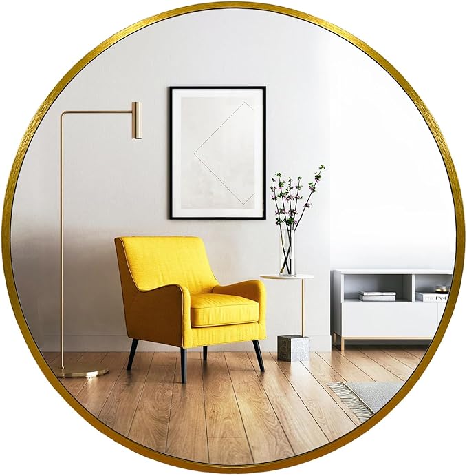 Oruii Gold Round Mirror, Gold Round Mirror 24 inch, Circle Wall Mirrors Metal Frame, Golden Circular Mirrors for Wall, Living Room, Bathroom, Entryway, Vanity, Hallway