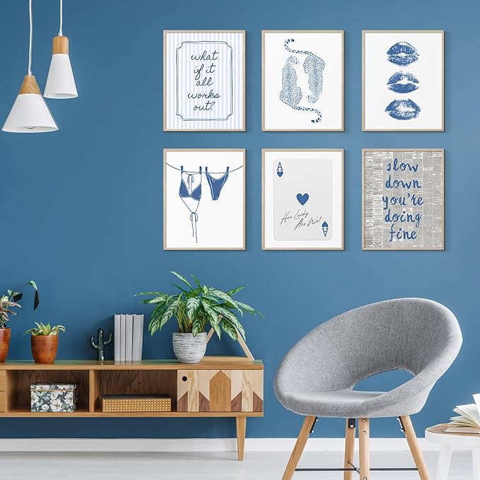 Habseligkeit Blue Wall Art Prints, Cute Wall Decors for Room Aesthtic, Posters for Girls Bedroom Decor Aesthetic Unframed, 8X10in, Set of 6