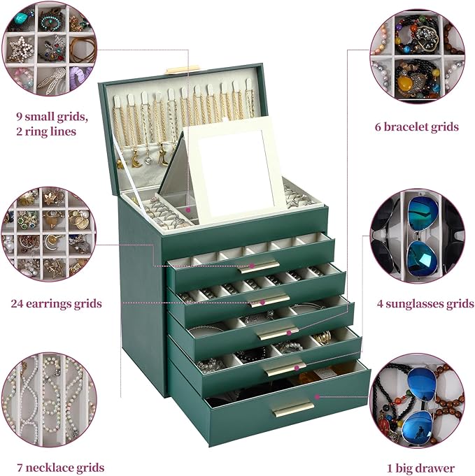 BOOVO Jewelry Boxes for Women, White and Black 6 Layer Large Jewelry Box for Necklace, Bracelet, Earrings, Rings Storage, Jewelry holder Organizer for Girls Gift (Green and Gold, 6 layer)