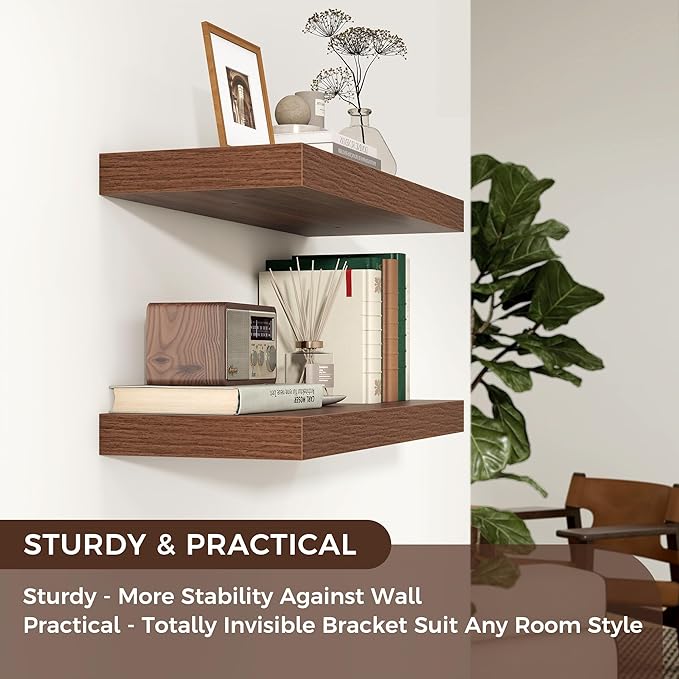 Venusmiles Floating Shelves for Wall, Engineered Wood Wall Shelves with Invisible Brackets for Living Room Bedroom Bathroom Office Kitchen Decor and Storage (Walnut, 24" W x 9" D x 1.5" H) Set of 2