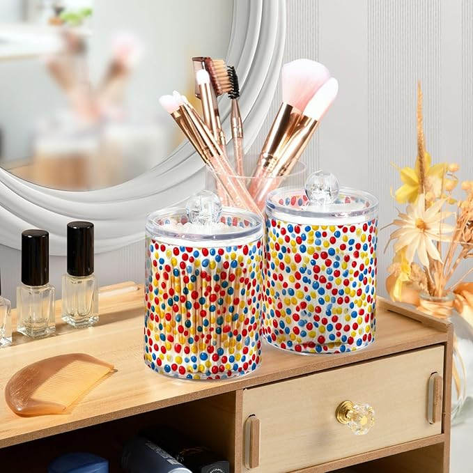 2 Pack Apothecary Jars Charming Red Blue Yellow Art Bathroom Vanity Storage Organizer Set,Small Clear Plastic Storage Jars Bathroom Canister for Cotton Swabs, Rounds, Balls, Qtips,Makeup Sponge