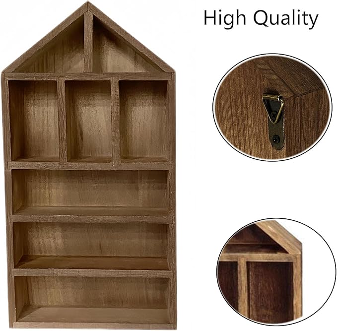 TANG SONG 8-Slot Wooden House-Shaped Mini Figures Cubby Box Display Shelf Organizer Storage Box (Dark Brown)