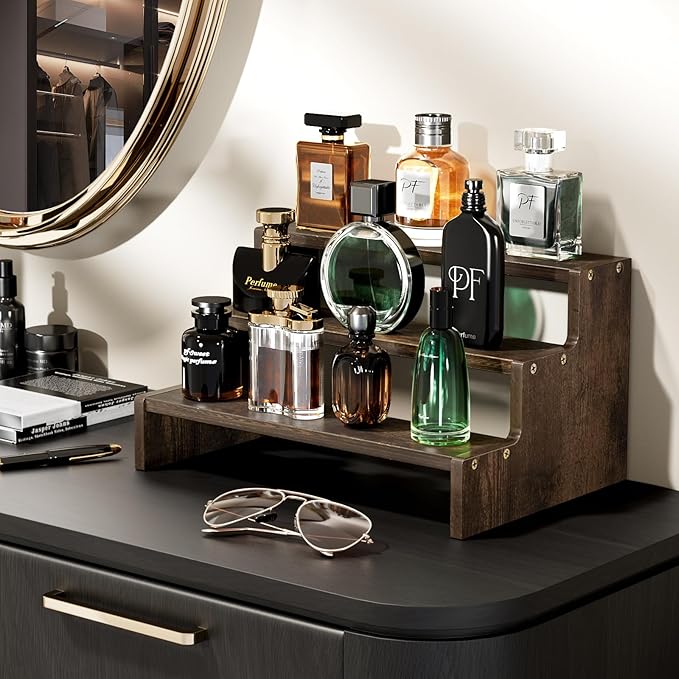 ProCase Wooden Cologne Organizer for Men, 3 Tier Perfume Organizer, Mens Cologne Stand Holder Storage, Display Riser Shelf Rack for Fragrances Candles Cosmetics Cupcake Figure Spice -Brown
