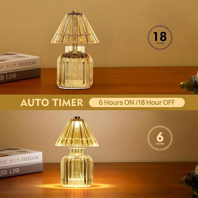 Small Battery Operated Lamp with Timer, Tiny Cordless Glass Table Lamp for Home Decor, Kitchen, Bathroom, Birthday Gift for Women, Jelly Amber