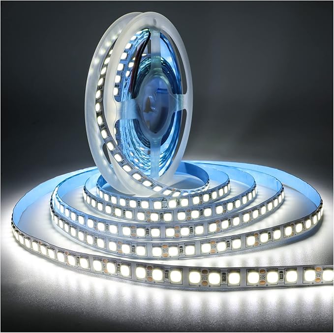12V LED Strip Lights, 16.4ft White 6000K Light Strips SMD 5054 IP20 120 LEDs/M, Total 600 LEDs Super Bright Rope Light Strip for Home, Shelf, Kitchen Decoration
