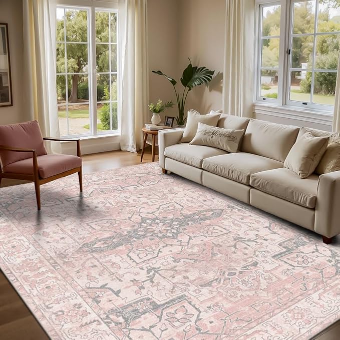 Rugxara Pink Rug for Living Room Bedroom, 5x7 Washable Area Rugs, Cute Boho Style, Non Slip & Low Pile Faux Wool Carpet for Indoor Nursery Room, Classroom Dorm, Kids Room and Dining Room(Pink 5x7ft)