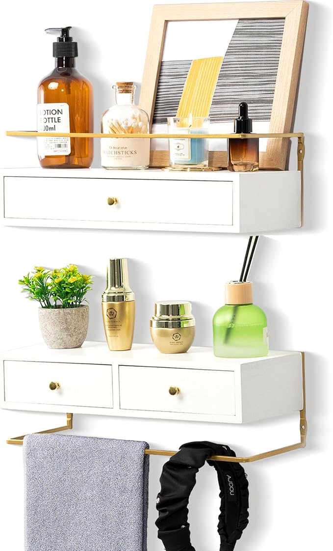 Dreampossible Floating Shelves With Drawers Set of 2, Wall Mounted Bathroom Storage, Rustic Wood Shelves for Bedroom, Living Room, Kitchen, Home Decor, Plants, Books (White)