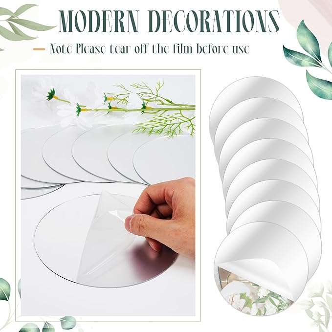Thyle 50 Pcs 6 Inch Acrylic Round Mirrors Trays Wedding Centerpieces for Tables Non Glass Round Mirror Plate Self Adhesive Mirror Stickers with Fake Ice Cubes for Home Wall Decor DIY Crafts Framing