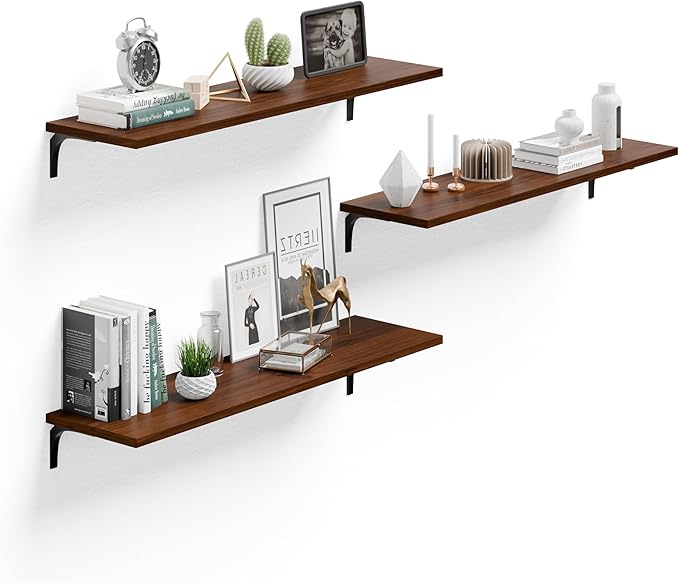 12 Inch Deep Floating Shelves Set of 3, 36 Inch Extra Wide Walnut Solid Wood Wall Shelves with 150 lbs Capacity, Heavy Duty Farmhouse Wall Mounted Shelving for Kitchen, Living Room & Bedroom