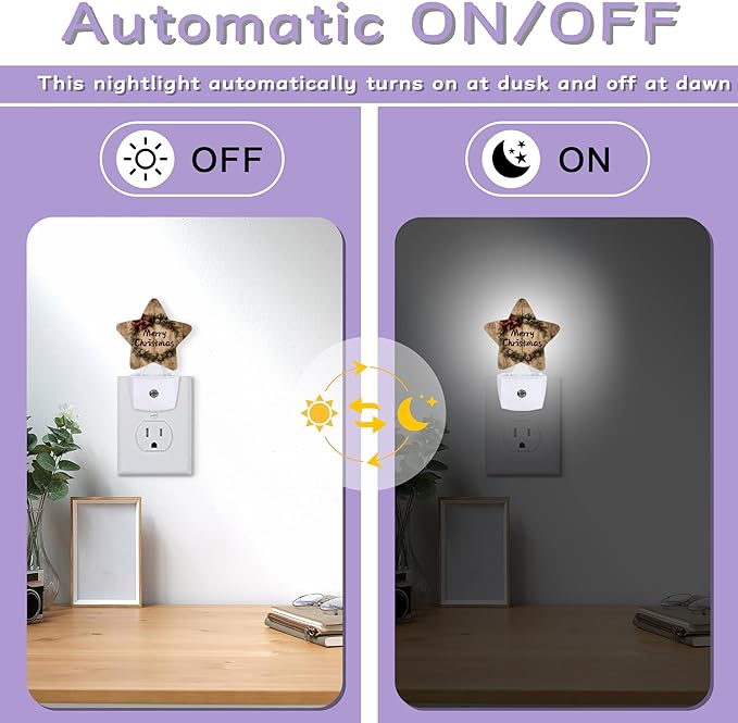 Merry Christmas Nightlights Plug in Wall,Rustic Wooden Decorative Star Lamp with Automatic Lighting for Living Space,Gentle Glow for Kids Room,Hallway,Bathroom