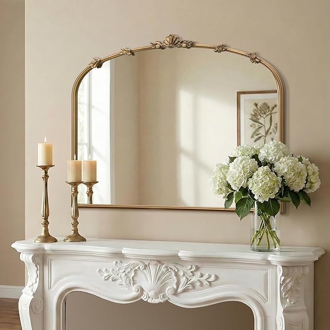 Besdomus Large Vintage Gold Mirror: 36"x29" Traditional Ornate Arched Mirror - French Baroque Antique Mirrors for Wall/Mantel/Bedroom/Entryway/Bathroom/Hallway - Home Decor for Fashion-Conscious