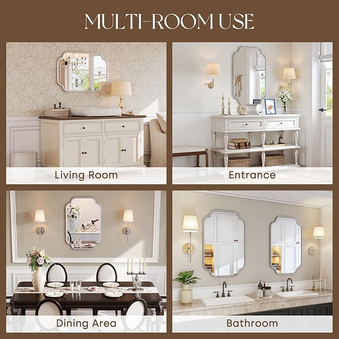 Uniclinens Silver Scalloped Mirror Wall Decor - Large Decorative Wall Mirror 36"X24" with Vintage Baroque Metal Frame, Ideal for Entryway, Fireplace, Living Room, Hallway, Bathroom