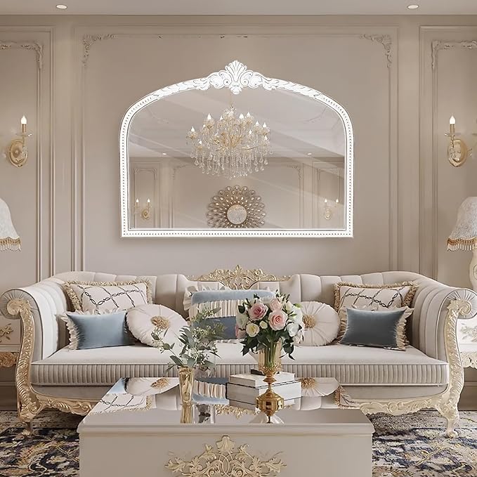 Farmhouse Wooden Wall Mirror - 32x42 Inches Antique White Baroque Wide Arched Decorative Mirror, Vintage Ornate Beaded Mirror for Living Room, Entryway, Mantel
