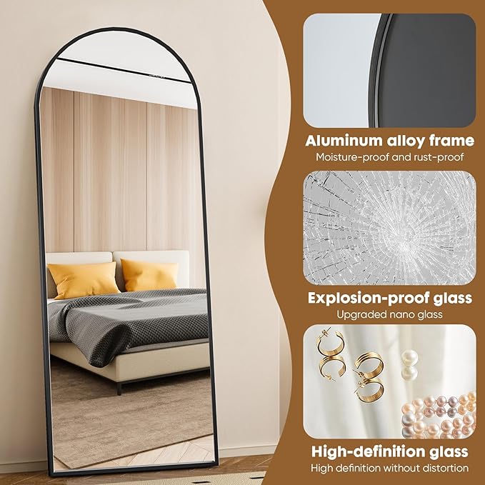 OLIXIS Arched Full Length Mirror 71.1"x25.5" for Bedroom, Full Body Mirror with Stand, Hanging or Leaning for Wall, Aluminum Alloy Thin Frame Floor Standing for Living Room, Long, Deep Black