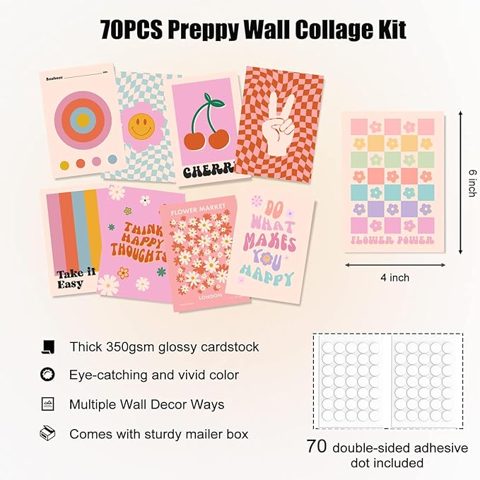 Preppy Room Decor, 70pcs Preppy Wall Collage Kit Aesthetic Pictures, Cute Preppy Wall Decor, Trendy Pink Photo Collage Kit 4"x6" Preppy Wall Art Posters, Preppy Things for Teen Girls Bedroom Dorm