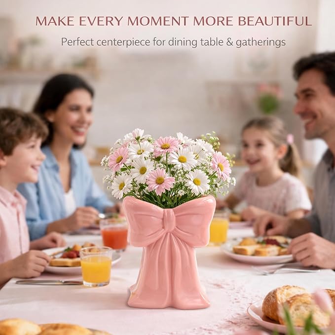 Pink Ceramic Bow Vases for Flowers, 6.1 Inch Flower Vases, Cute Makeup Brushes Organizer, Decorative Pen Holder for Office Home Dining Room Table Decor Bedroom Women Gifts (Pink)