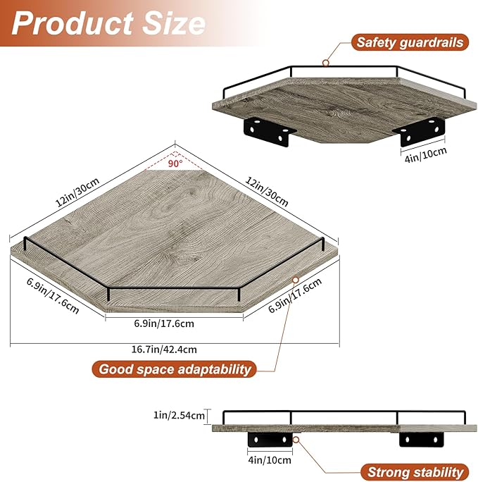 JJL Corner Shelf Wall Mounted, 12 Inches 3-Tier Floating Corner Shelf, Hexagon Rustic Wood Decor with Fence, Gray Wood Grain Floating Shelves for Apartment Bedroom Kitchen Bathroom