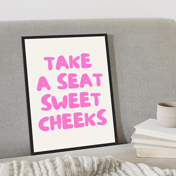 Pink Take A Seat Sweet Cheeks Canvas Wall Art, Cute Quotes Aesthetic Poster for Room, Funny Bathroom Wall Decor, Trendy Girly Light Pink Restroom Picture Print 12x16in Framed