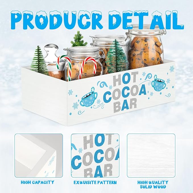 YLOLUL Christmas Hot Cocoa Bar Decor Box Wood Storage Bin Xmas Blue Bar Holder Hot Cocoa Decorative Christmas Cute Wood Storage Bins for Home Kitchen Office Farmhouse Gift