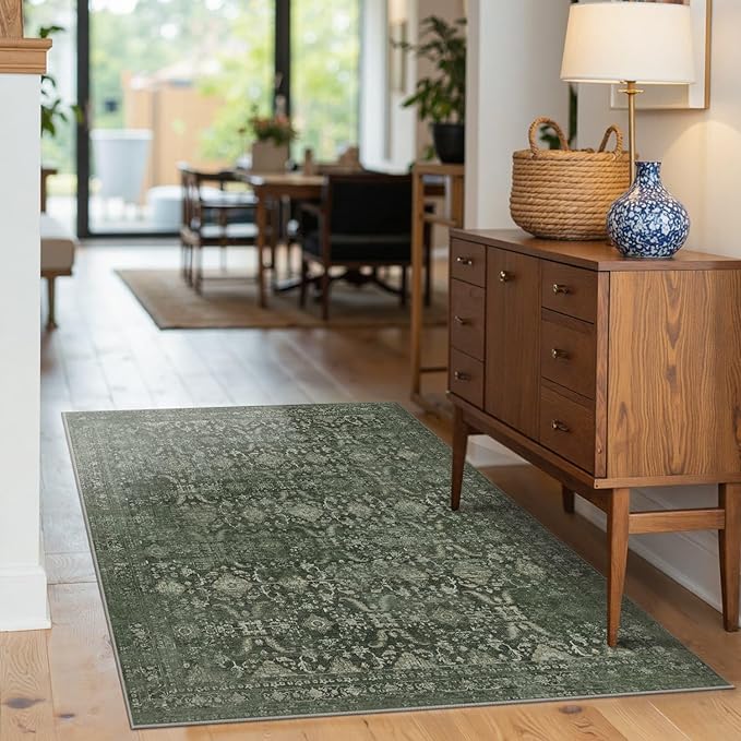 Rugxara 3x5 Rug for Entryway Bedroom, Green 3x5 Washable Area Rug, Vintage Retro Boho Throw Rug, Non Slip & Low Pile Small Carpet for Indoor Entry, Kitchen, Bedside, Living Room, Bathroom and Dining