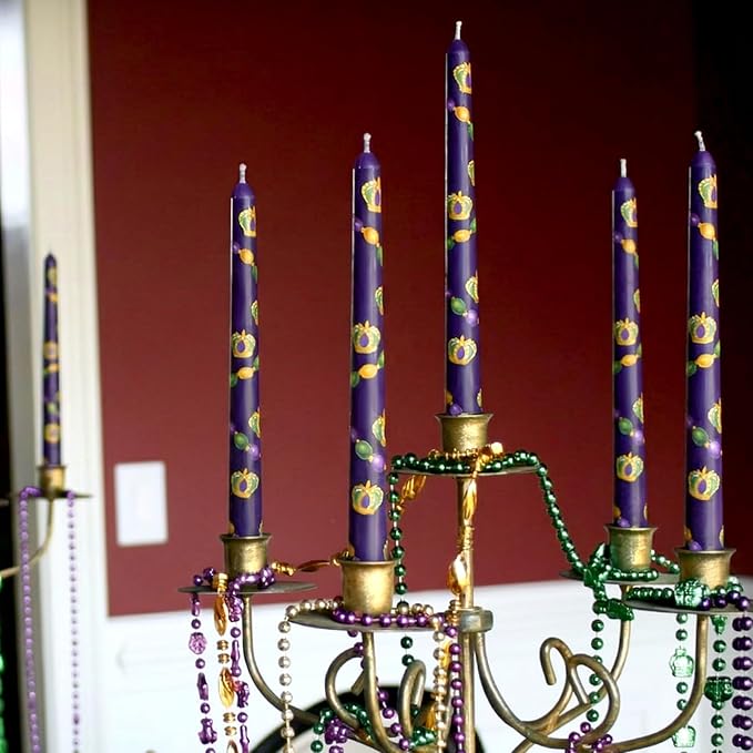 Threlaco 6 Pcs Mardi Gras Taper Candles 9.8" Purple Green Gold Beads Crowns Long Taper Candlesticks New Orleans Decorations Unscented Candles for Mardi Gras Party Gift Home Table Decor