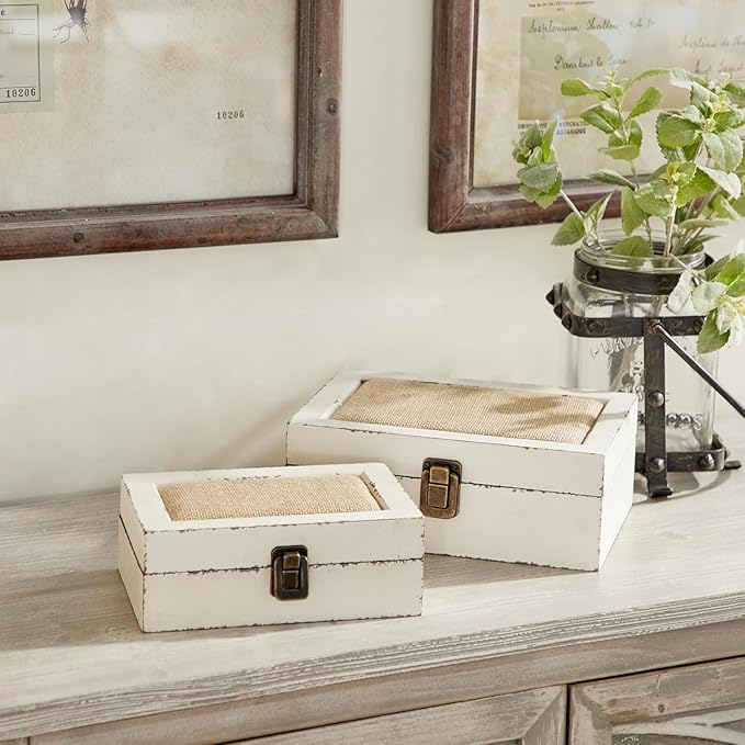 Rustic Ivory Decorative Storage Boxes with Lids Set of 2, Farmhouse Wooden Boxes for Home Decor, Keepsake Boxes Memory Gift Boxes for Living Room, Coffee Table, Entryway, Bedroom