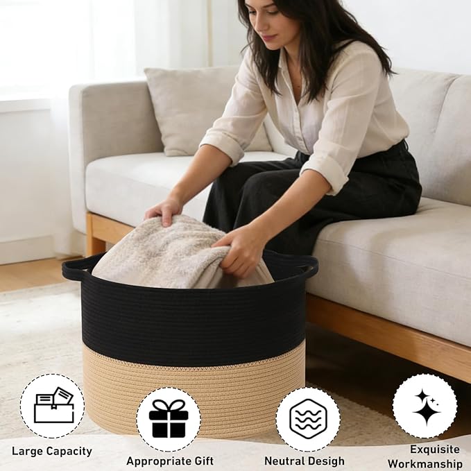 90L Large Blanket Basket, 21.7"x 21.7"x 13.8" Rope Woven Storage Basket with Handles, Laundry Hamper for Toys, Clothes, Pillows & Towels, Perfect for Living Room, Nursery & Bedroom,Black&Camel