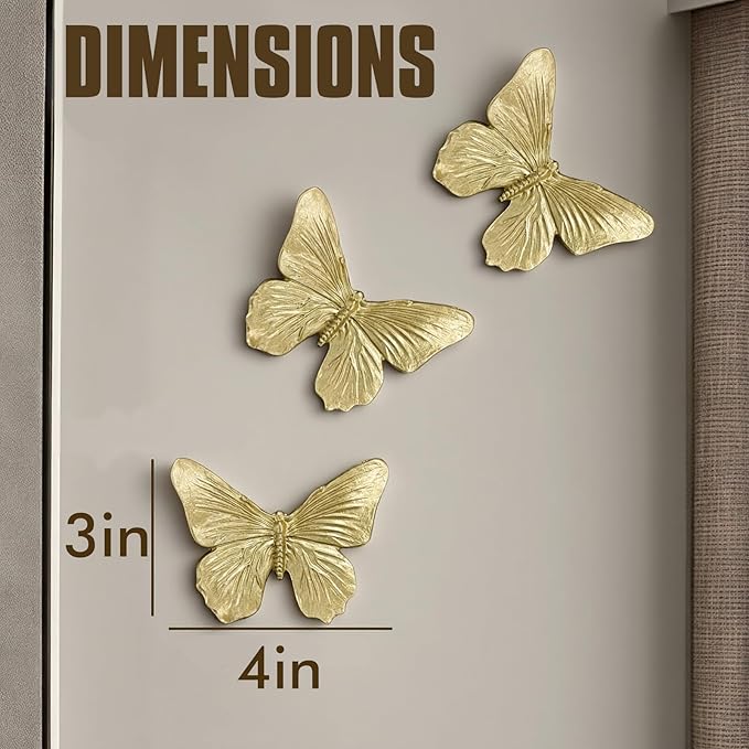 GUSFREUD 3D Butterfly Wall Decor Set – Resin Wall Decorations for Living Room, Bedroom, Garden, Yard, Outdoor and Gallery Walls - Antique Gold - Set of 3