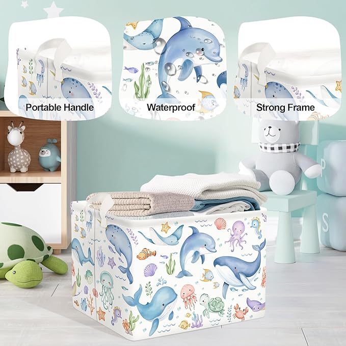 Sea Animals Laundry Hamper Ocean Fish Coral Large Storage Basket Parents Organizer Kids Clothes Toy Bins for Bedroom, Bathroom, Blue Whales, 36L