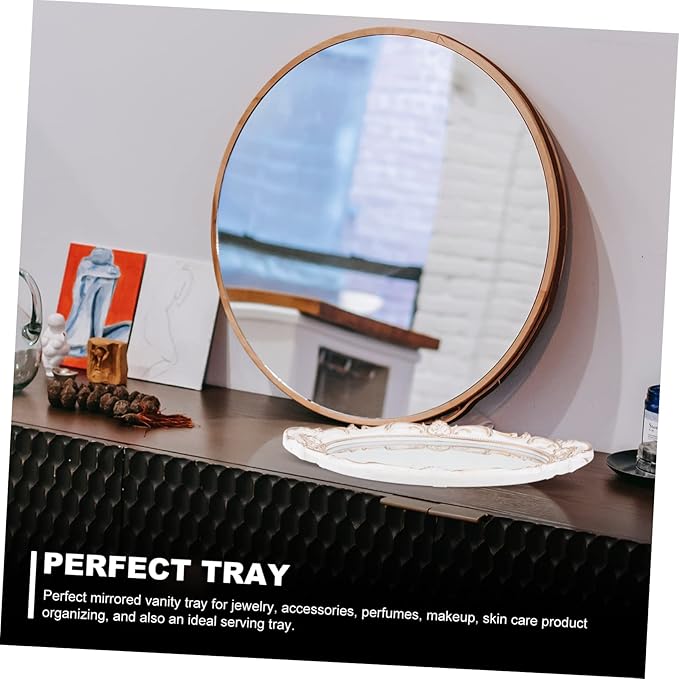 Lurrose Oval Vintage Decorative Mirror Tray with Plastic Frame and Handles Elegant French Style Makeup and Jewelry Organizer Serving Tray for Living Bathroom Shop and Party Decor
