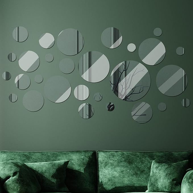 Jetec Real Glass Round Mirror Tiles Frameless Round Wall Mirrors Glass Mirror Tiles Wall-Mount Mirrors with Acrylic Double Sided Adhesive for Bedroom Bathroom Craft (28 Pcs, 1/2/3/4/5/6 Inch)