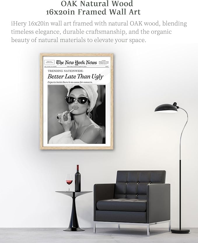 iHery Better Late Than Ugly Natural OAK Wood Audrey Hepburn Newspaper Trendy Framed Wall Art, Large 16x20 in Vintage Headline Canvas Bedroom Wall Decor, Set of 1 Bathroom Girly Dorm Living Room