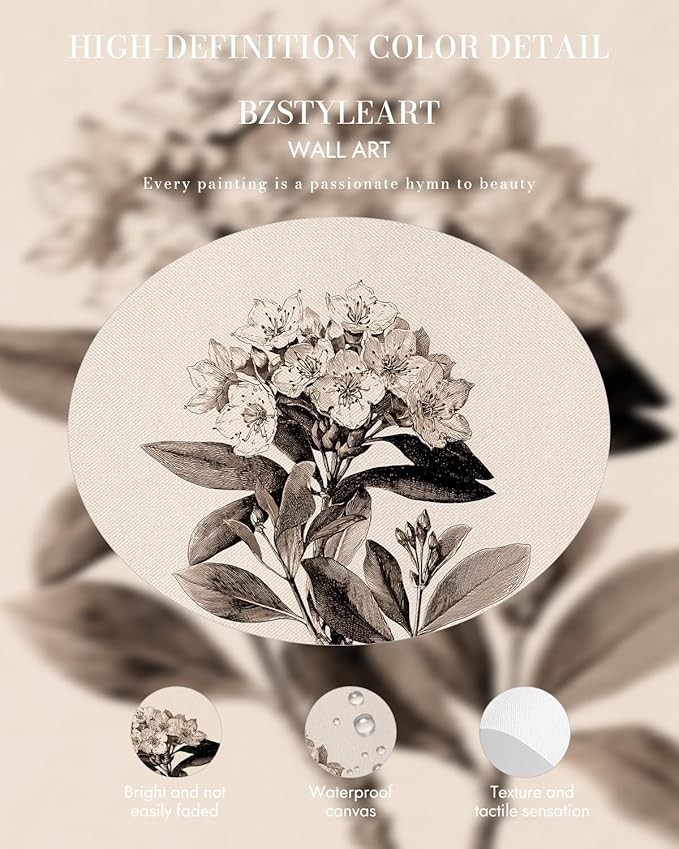 Bzstyleart Vintage Wall Art Decor, Canvas Framed Flower Wall Art, Sketch Painting Picture Vintage Home Decor Aesthetic for Living Room, Bathroom Pictures, Pennsylvania Mountain Laurel, 12L x 16W