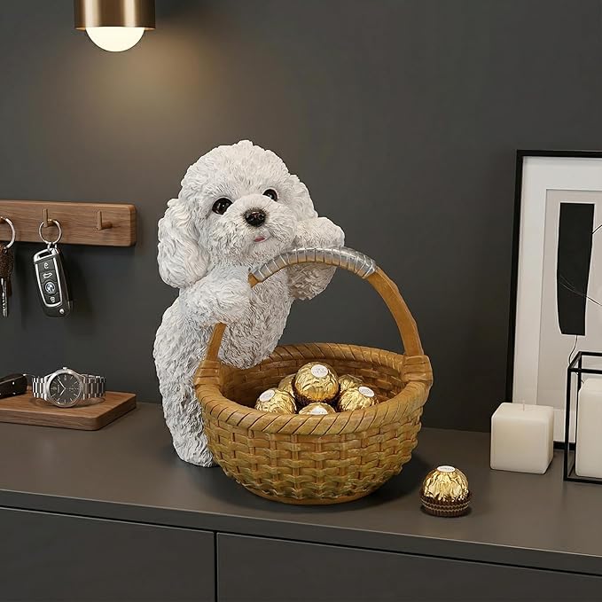 Dog Resin Storage Basket, Desktop Organizer for Remote & Keys, Cute Home Decor Tray, Ideal present for Pet Lovers.(White Poodle)