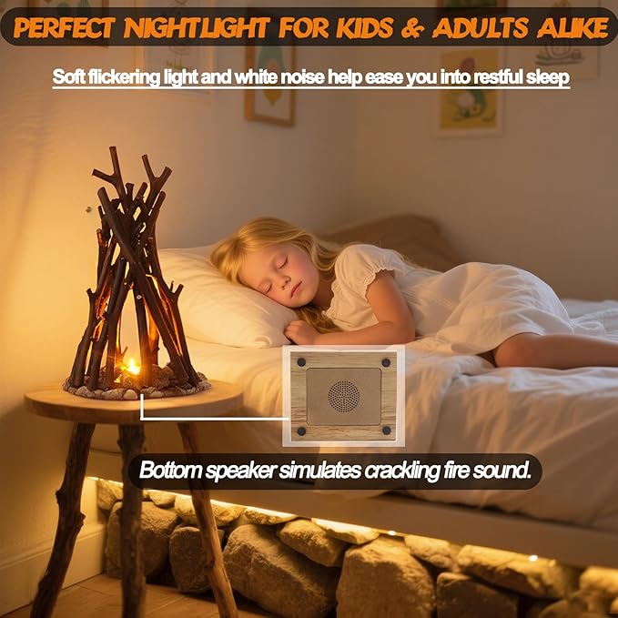 LED Night Light Wooden Campfire LED Dimmable Lamp with 3 Lighting Modes & Flame Sound, USB Powered Kids Nightlight & Desk Lamp for Bedroom, Office, and Relaxation, M