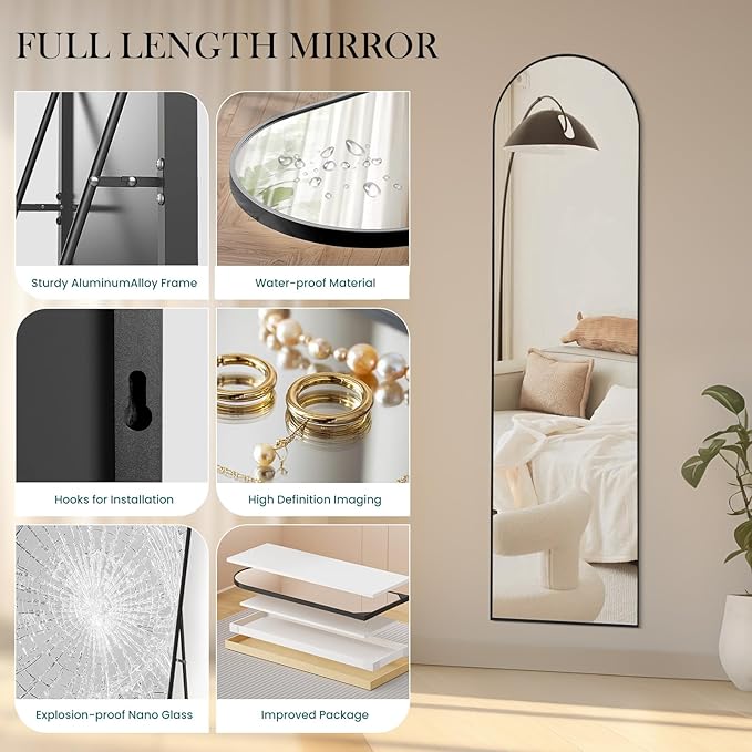 NEWBULIG Full Length Mirror, Full Body Floor Mirror with Aluminum Alloy Thin Frame, Wall or Standing Mirror for Bedroom, Living Room, Dressing Room