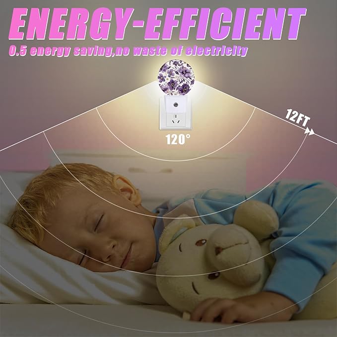 Purple Flower Night Light Watercolor Floral Night Lights LED Lamp Round Plug into Wall Nightlight with Dusk to Dawn Sensor Home Hallway Stairway Kitchen Decor