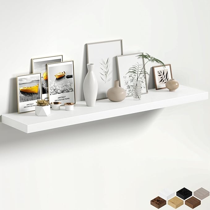 White Floating Shelves for Wall, 55 Inch Floating Shelves Set of 1, Wall Mounted Rustic Wood Shelf for Bathroom, Living Room, Bedroom and Kitchen, Hanging Shelf for Storage, Books, Home Decor