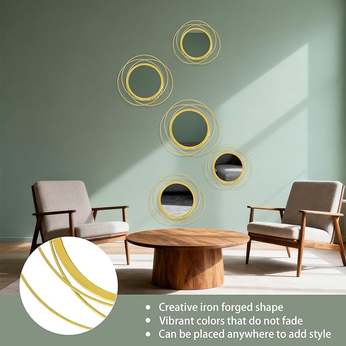 5 Pcs Decorative Round Modern Gold Circle Mirror Metal Wall Mounted Mirror Wall Art Ring for Hallway, Entryway, Living Room, Dining Room, Bedroom