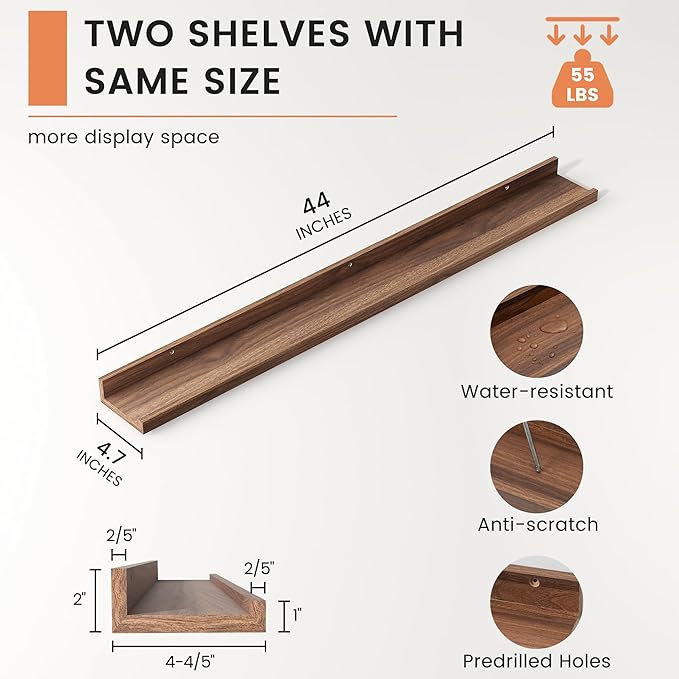 FLYJOE Picture Ledge Shelf, Floating Shelves Set of 2, 44 Inches Nursery Book Shelves for Toys Storage, Kids Bookshelf Wall Mounted for Living Room Bedroom Decor Books Photo Frames, Walnut